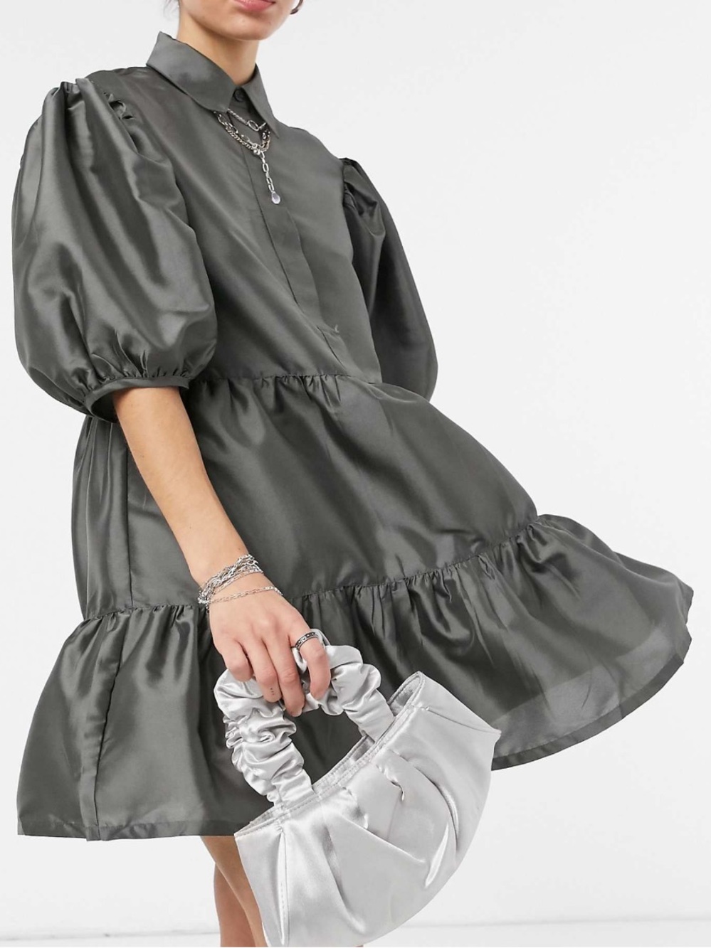 ASOS COLLUSION Tiered Taffeta Smock Dress in Gray